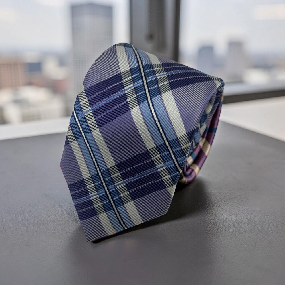 Nautica 100% Silk Tie Blue Purple Plaid 59.25" x 3.25"
